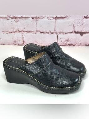 CHEROKEE Genuine Leather Size 9.5 Black Chunky Wedge Block Heel Clog Mules